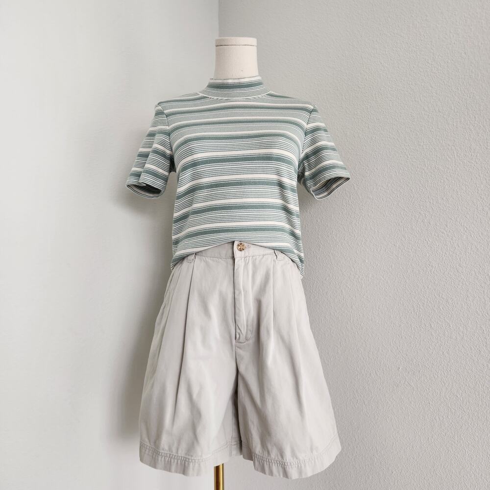 Vintage 90s Green White Stripe Ribbed Mock Neck Short Sleeve Shirt Crazy Horse S